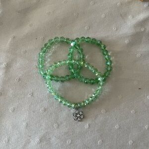 Green Crystal Beaded Bracelet with Silver Charm (set of three)
